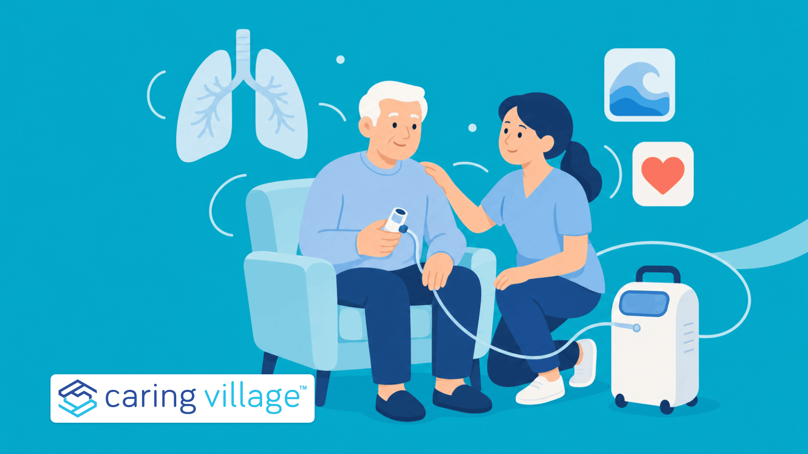 A caregiver supporting an older man using an inhaler and oxygen at home