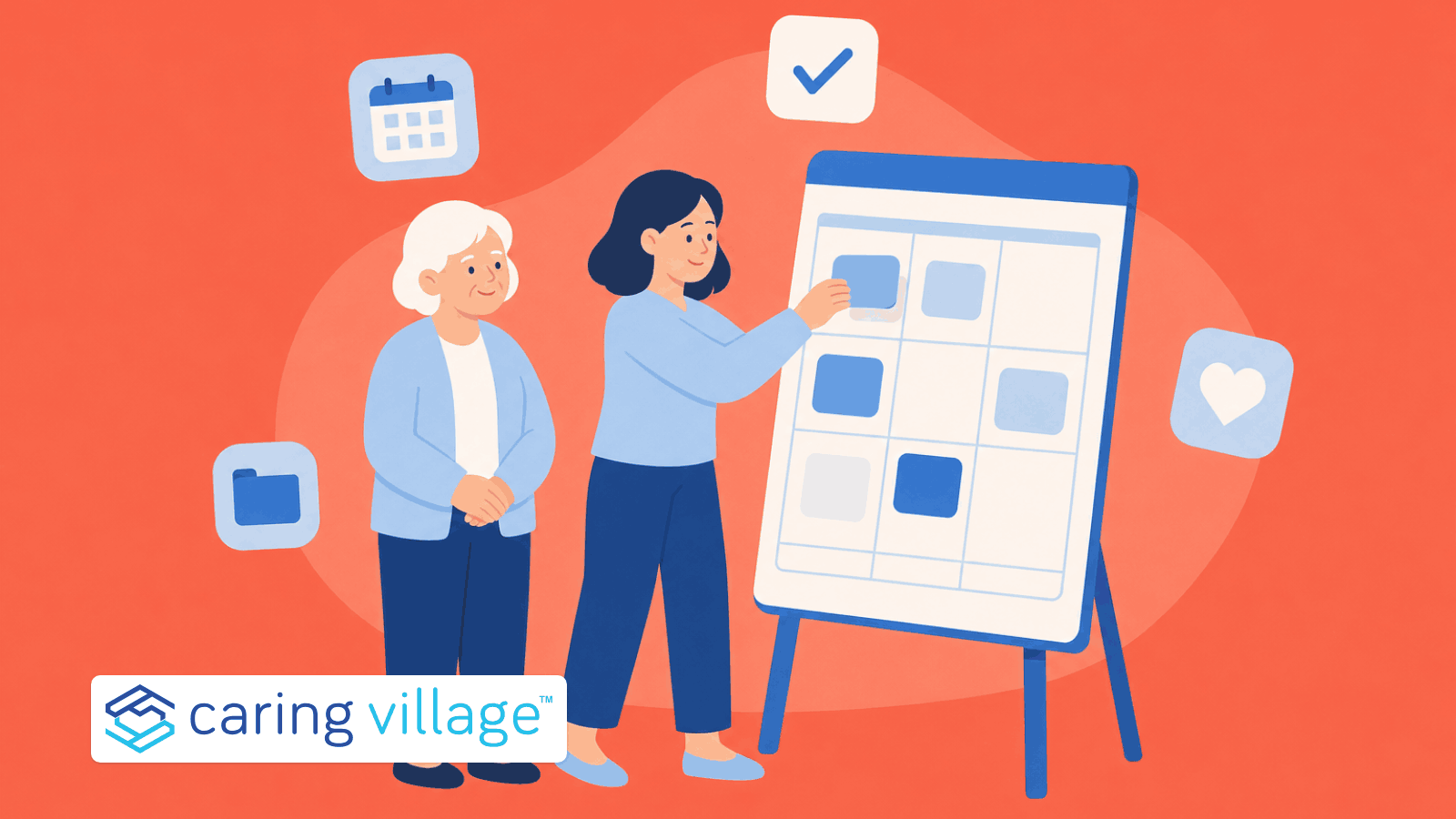 A daughter and her mother adding tasks to a shared caregiving plan board