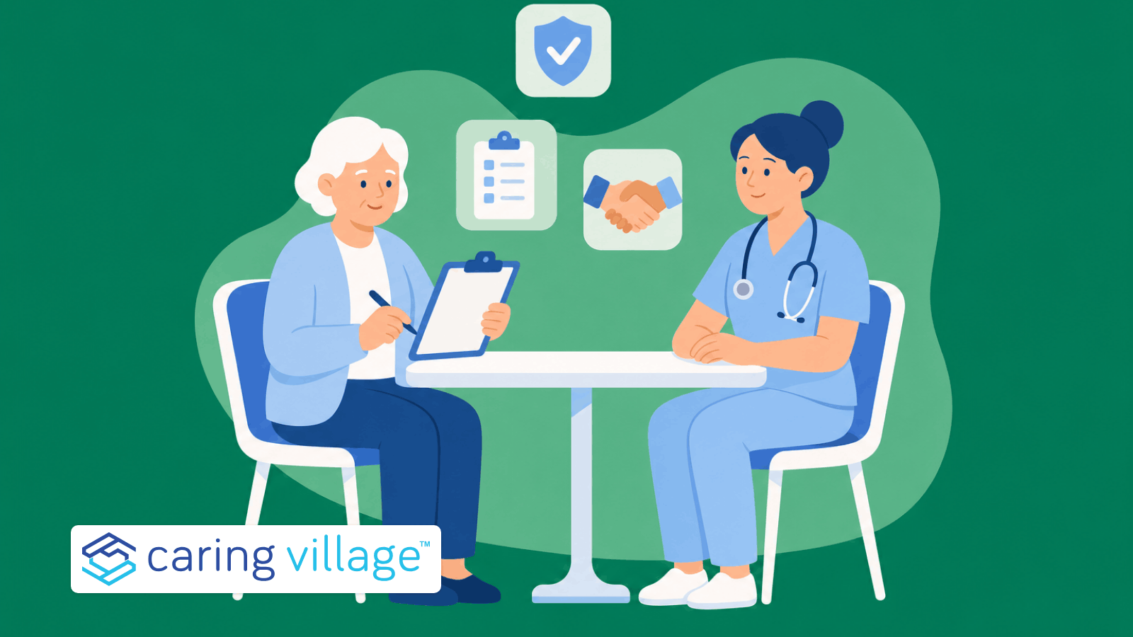 A family member interviewing a home care nurse at the kitchen table