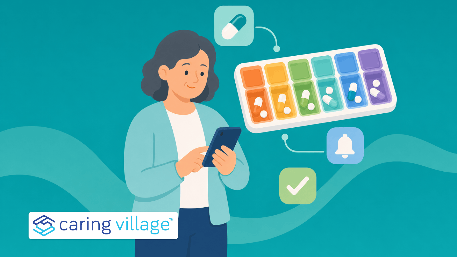 A caregiver checking a weekly pill organiser against a medication app on her phone