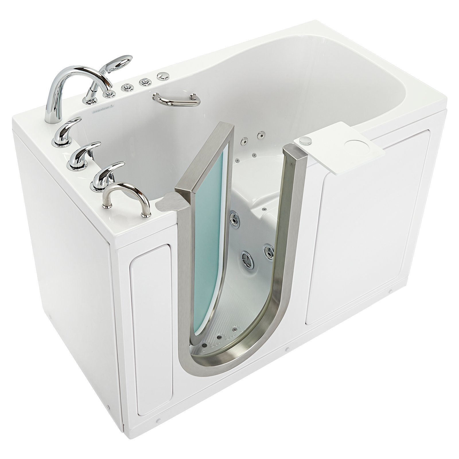 Ella's Deluxe walk-in tub showing its open stainless steel door, seat and grab bar
