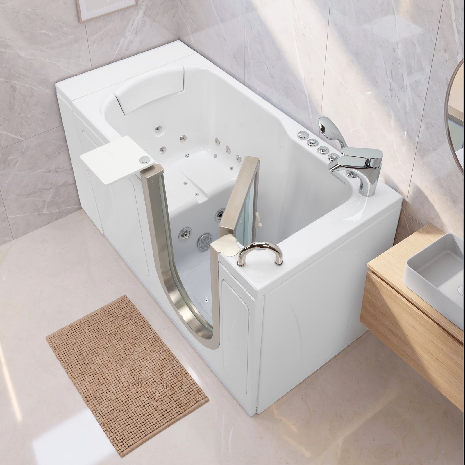 Ella's Petite walk-in tub with an open door in a marble bathroom