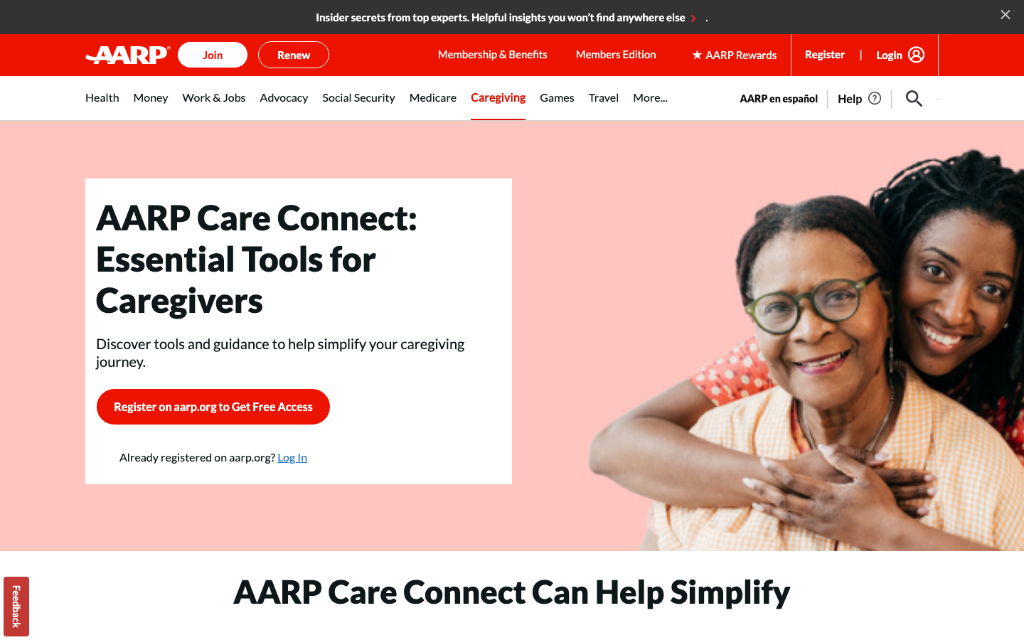 Screenshot of the AARP Care Connect homepage