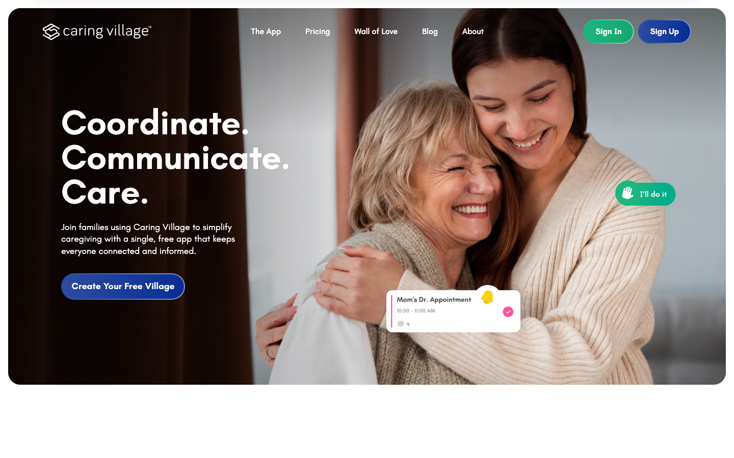 Screenshot of the Caring Village homepage